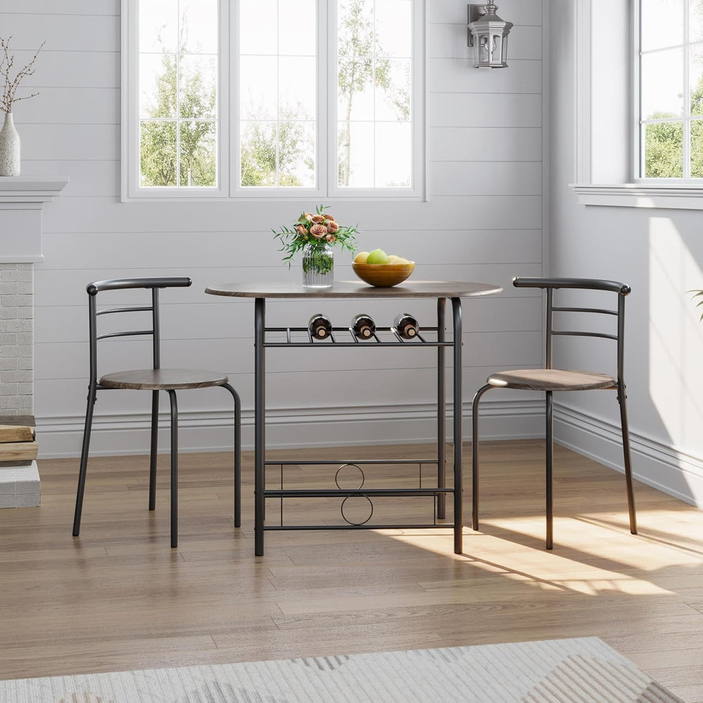 Yaheetech 3 Piece Dining Table Set for 2 Small Table and Chairs Drift Brown | Compact Breakfast Table and Chairs, Space Saving MDF Tabletop and Iron Frame with Chairs, for Kitchen/Apartment/Small Space