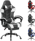 Gaming Chair with Footrest, Ergonomic Video Game Chair for Adults, White | PU Leather, Headrest and Lumbar Support, Height Adjustable 360° Swivel High Back Reclining Computer Chair for Home Office