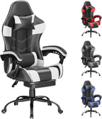 Gaming Chair with Footrest, Ergonomic Video Game Chair for Adults, White | PU Leather, Headrest and Lumbar Support, Height Adjustable 360° Swivel High Back Reclining Computer Chair for Home Office
