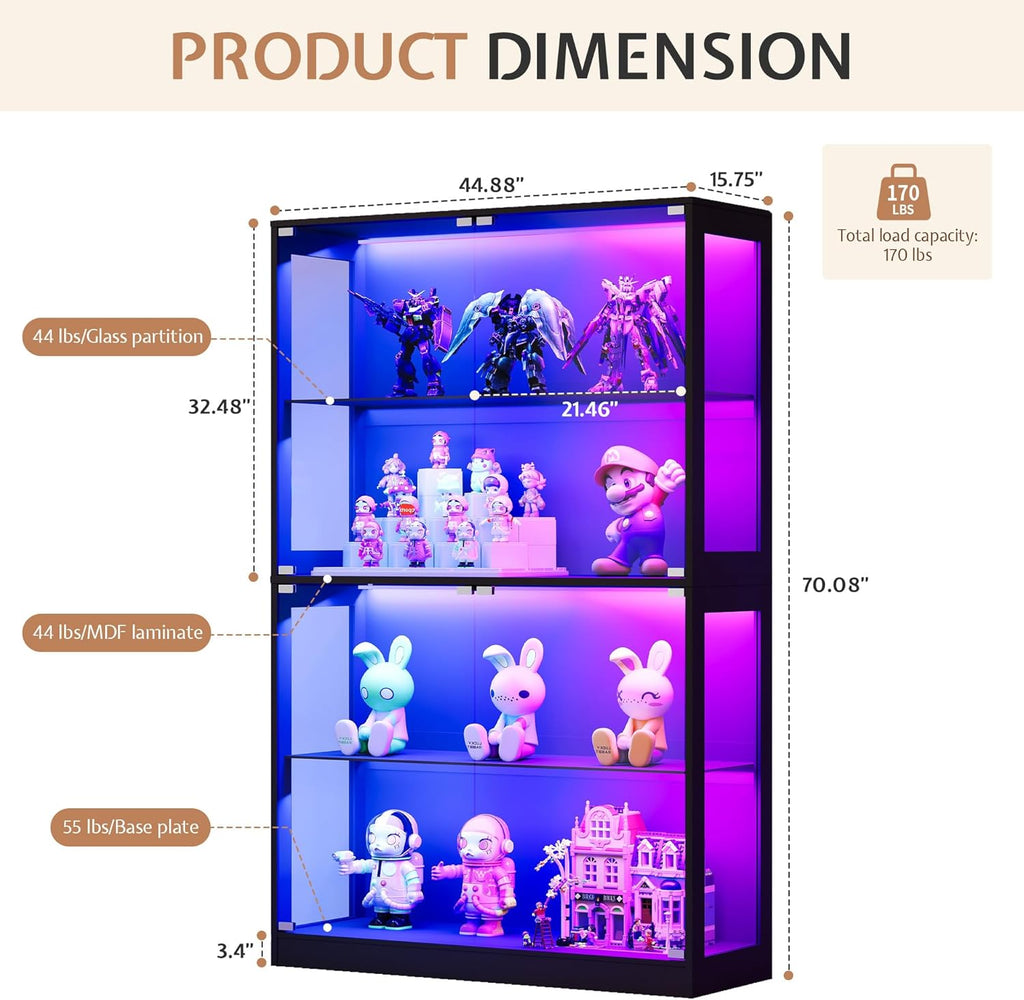 Jocisland 45x16 Inch Display Cabinet with Glass Doors and RGB Lights, 4-Tier Storage Display Case for Collectibles, Adjustable Shelves, MDF and Tempered Glass, Black