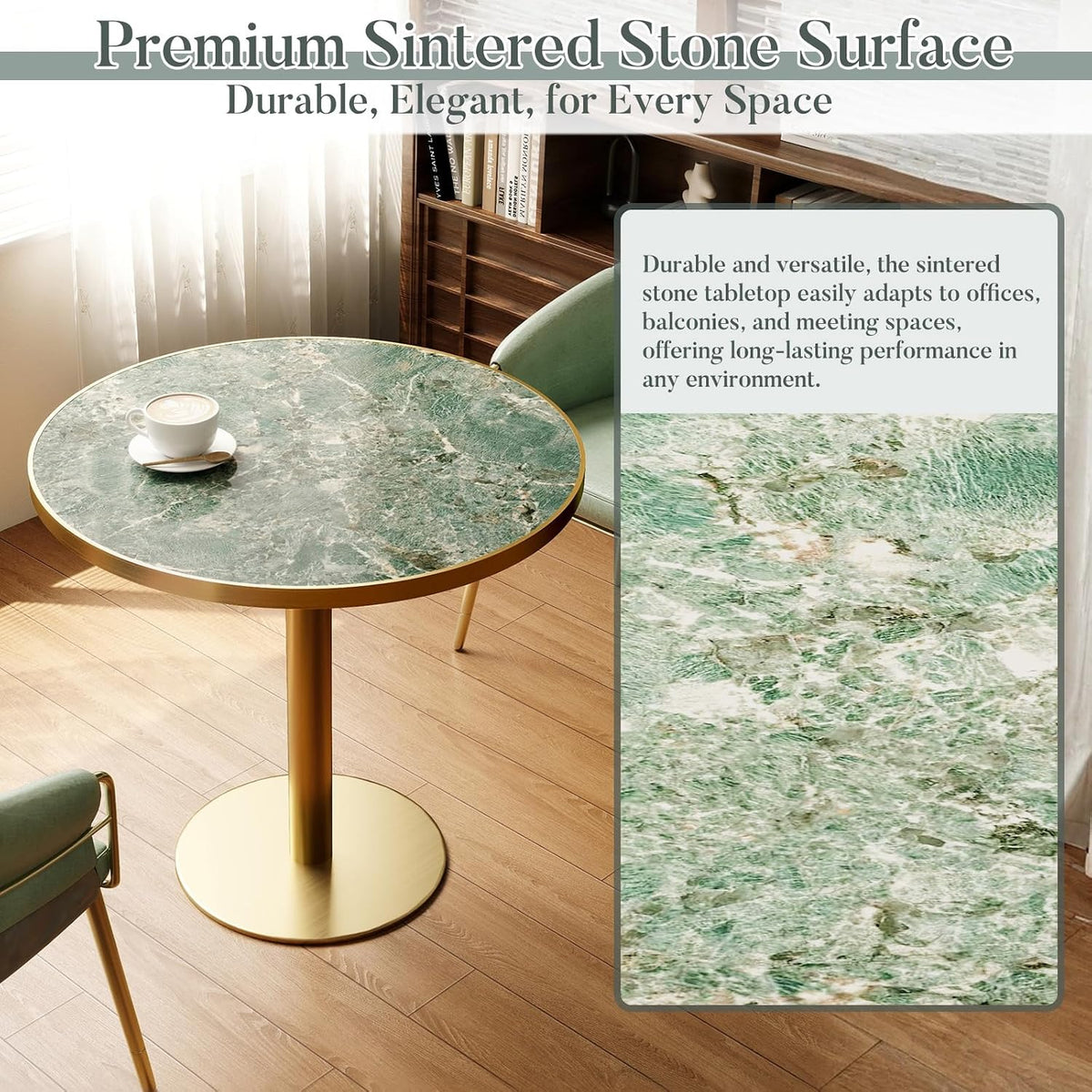 31.5'' Tulip Table, Round Pedestal Dining Table with Sintered Stone Tabletop, Golden Edge & Base, Bistro Table for 2-4 Person for Dining Room/Cafe/Small Spaces/Restaurant (Rainforest Green Marble)