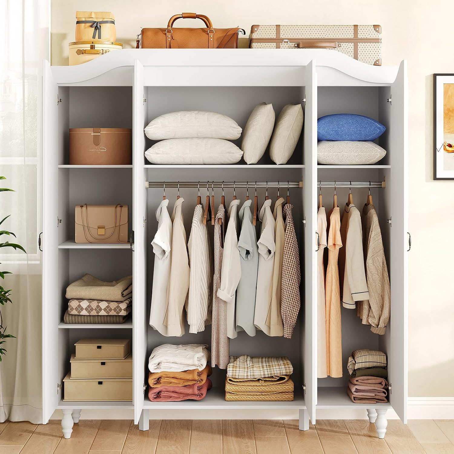 71" H Arched Armoire Wardrobe Closet with 4 Doors, Wooden, White | Large Capacity Wardrobe Cabinet with 2 Hanging Rods and 8 Shelves,Freestanding Armoire Storage Cabinet for Bedroom,Cloak Room