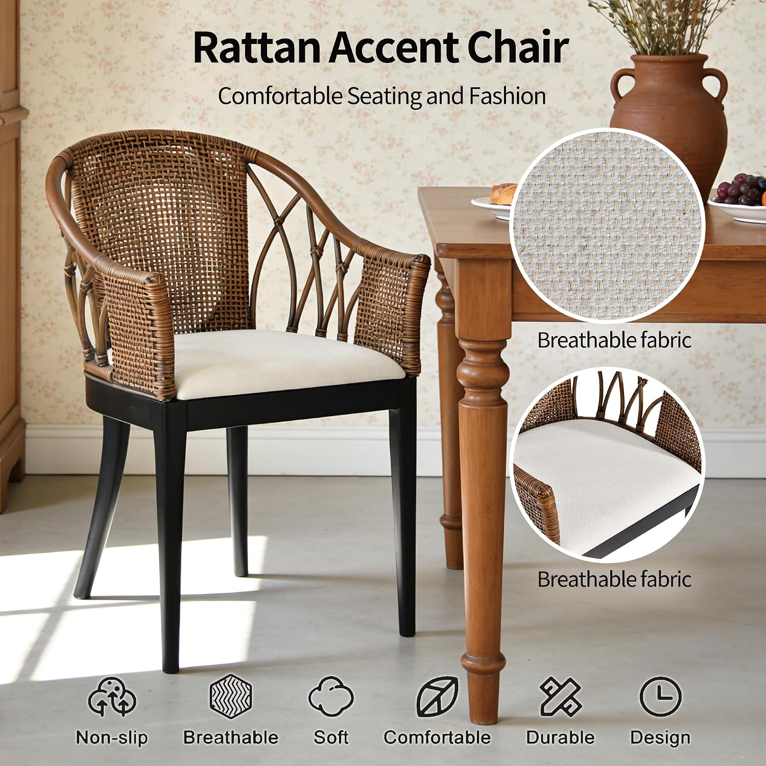 DUHOME Wood Rattan Arm Accent Chair Natural Wash/White Cushion Side Armchair Gianni Brown & Black Solid Living Room Chair for Living Room Bedroom Office Foyer Arm Chair