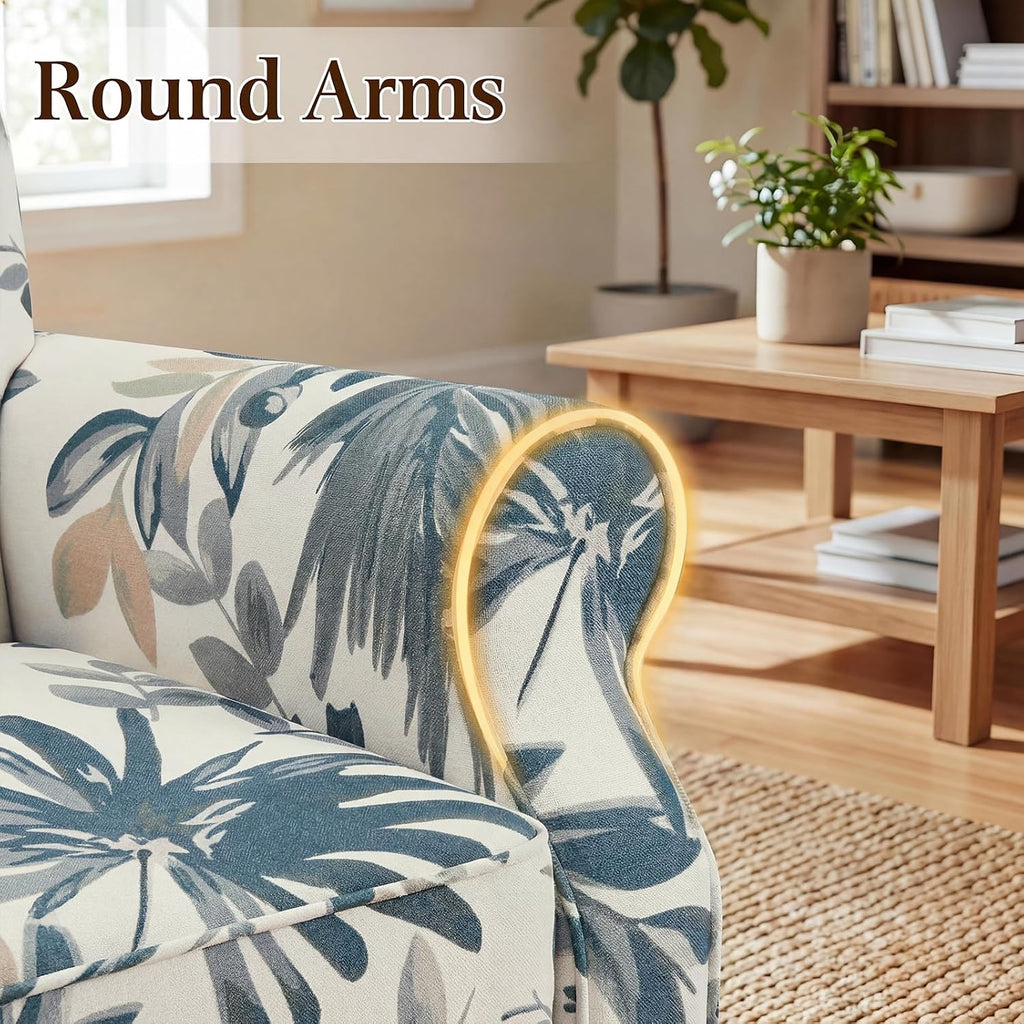 YOLENY Modern Accent Chair,High Back Armchair,Upholstered Fabric Button Single Sofa with Wooden Legs for Living Room,Bedroom,Blue Leaves