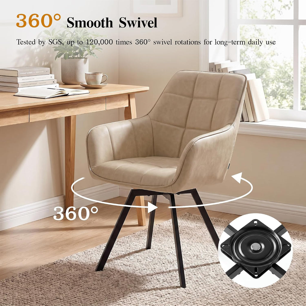TUKAILAi Swivel Dining Chairs Set of 4, Faux Leather Dining Chairs with Arms & Metal Legs, Upholstered Mid Century Rotatable Kitchen Chairs for Living Room Bedroom Kitchen Restaurant (Cream)