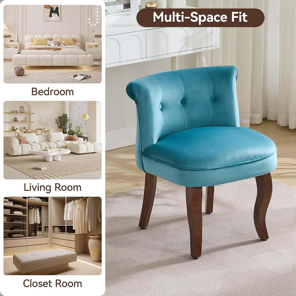 WUTUTUEE Velvet Vanity Chair with Back, Tufted Upholstered Vanity Stool with Solid Wood Legs, Mid Century Small Makeup Chair for Vanity, Accent Chair for Bedroom, Living Room, Teal