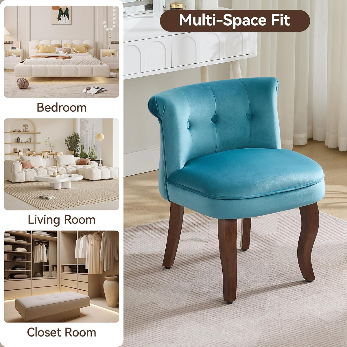 WUTUTUEE Velvet Vanity Chair with Back, Tufted Upholstered Vanity Stool with Solid Wood Legs, Mid Century Small Makeup Chair for Vanity, Accent Chair for Bedroom, Living Room, Teal