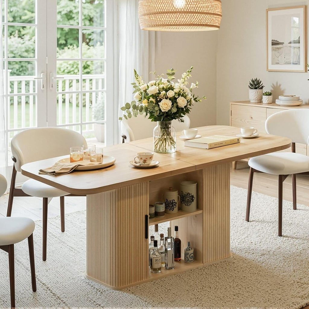 SUNCOZE 70.9" Oval Dining Table for 4-6 People, Large Farmhouse Kitchen Table with Open Storage Base, Fluted Mid-Century Modern Kitchen and Dining Room Furniture, Wood