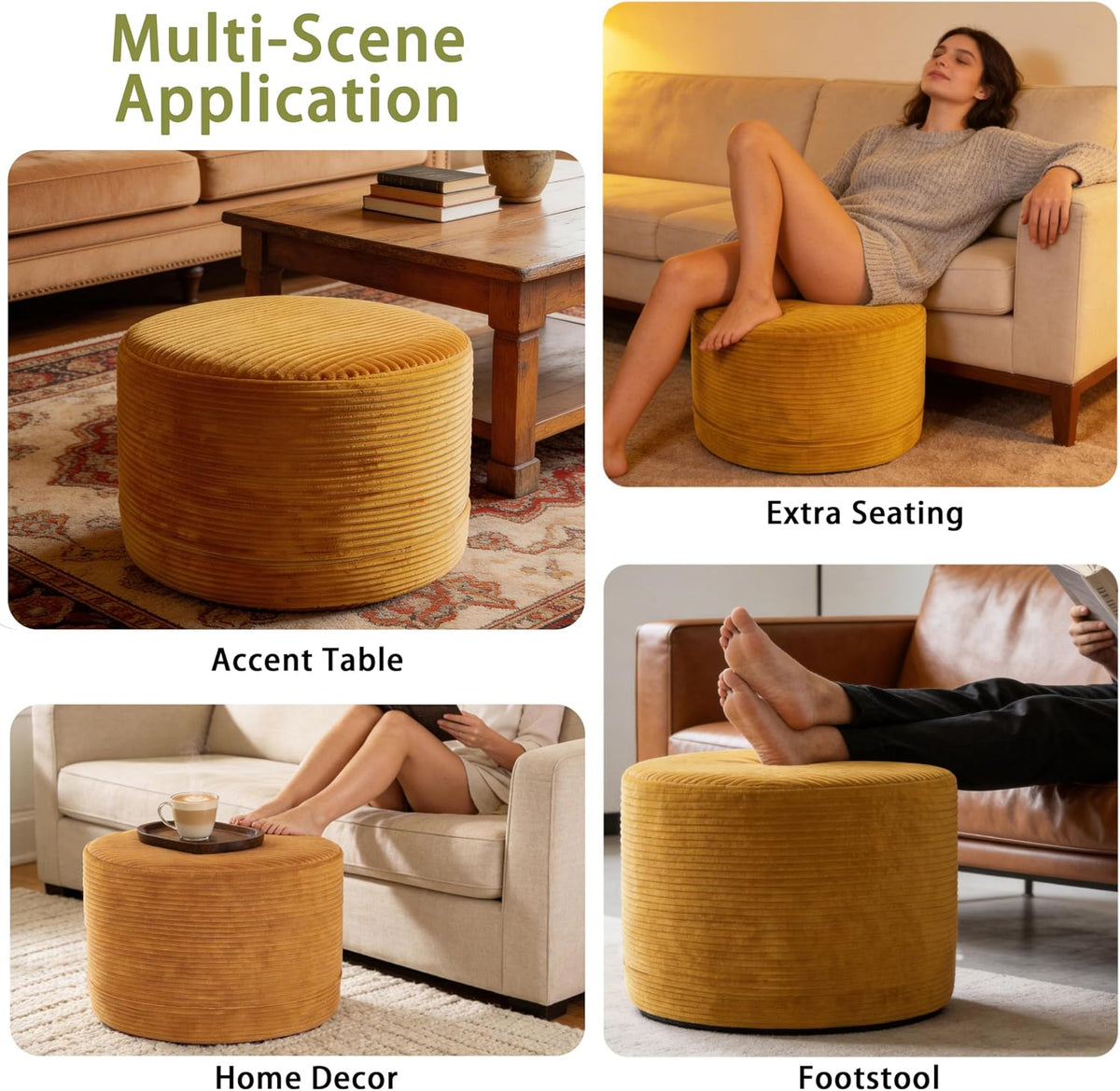 Thgonwid Round Ottoman Pouf, Plush Corduroy Foot Stool with High-Density Memory Foam, 3-in-1 Footrest Extra Seating Side Table for Living Room Bedroom Home Decor, 20 x 14 Inch, Gold Yellow