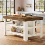 Tribesigns Kitchen Island with Seating and Storage Shelves, 55.1-Inch Breakfast Counter Farmhouse Island Table for Kitchen Dining Room (White and Light Brown)