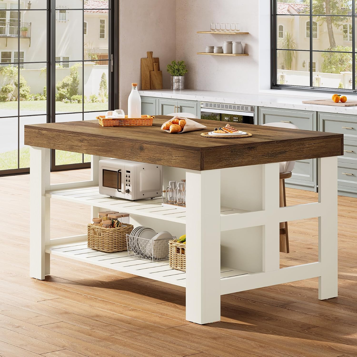 Tribesigns Kitchen Island with Seating and Storage Shelves, 55.1-Inch Breakfast Counter Farmhouse Island Table for Kitchen Dining Room (White and Light Brown)