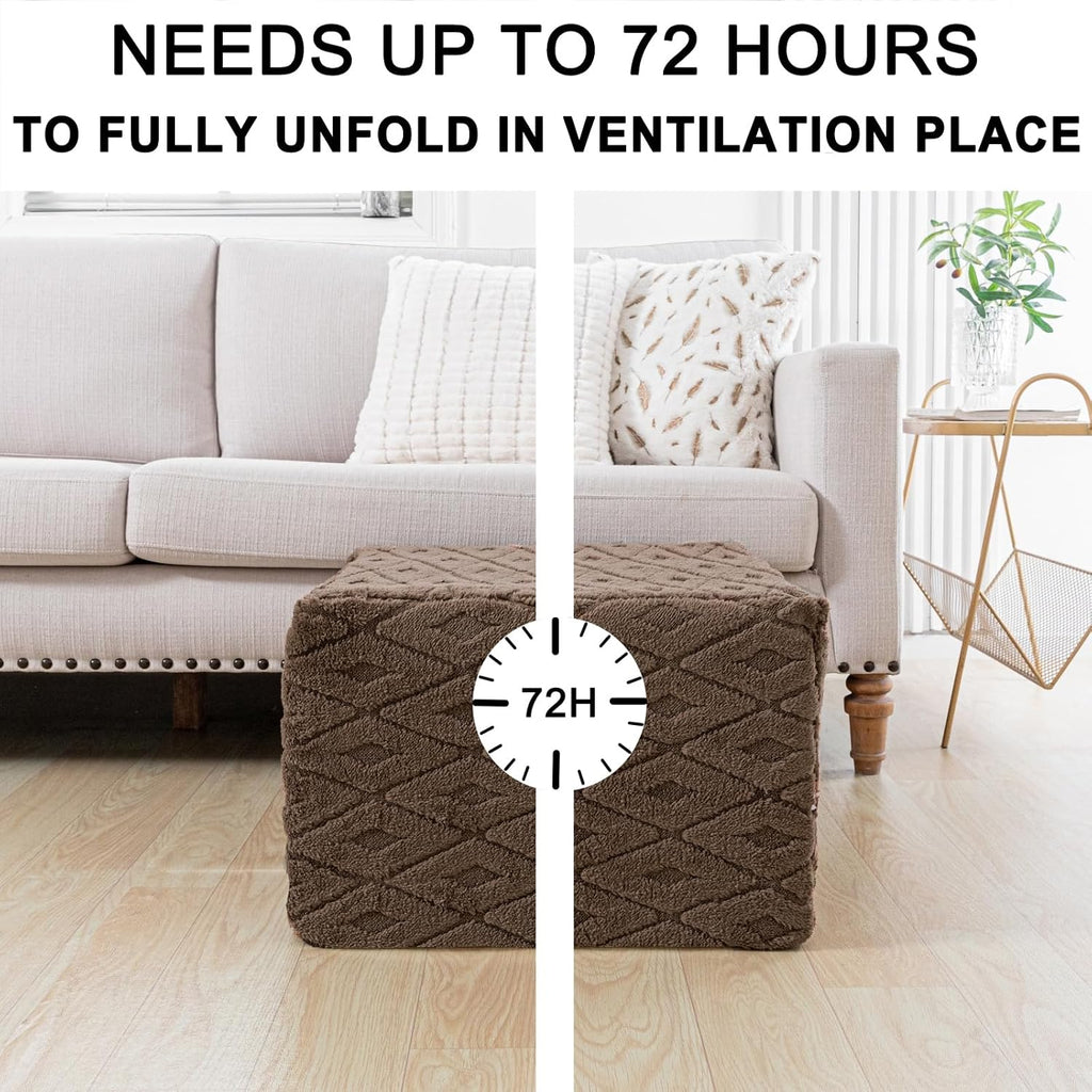 Fluffy Square Ottoman Pouf with All-in-One Foam Filling 20 x 14 Inches Furry Ottoman Foot Rest Foot Stool for Living Room or Bedroom (Coffee)