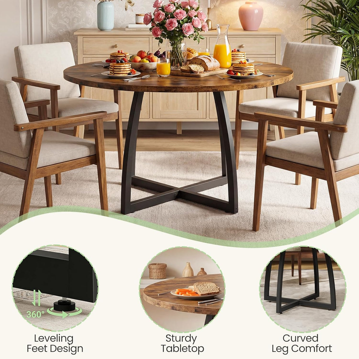 CHOEZON 47.2-Inch Round Dining Table for 4, Kitchen Dining Room Circle Dinner Pedestal Table, Farmhouse Kitchen Table with Retro Brown Tabletop, Curved Black Metal Legs, Easy Assembly TCZ13BFC1