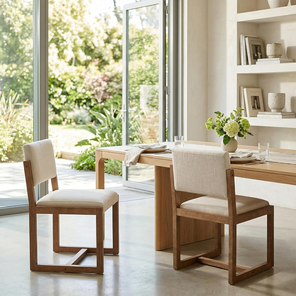 DUOMAY Mid-Century Linen Dining Chairs Set of 2, Beige | Modern Upholstered Seat With Sturdy Wood Legs Comfortable Side Chairs For Kitchen Dining Room And Living Area