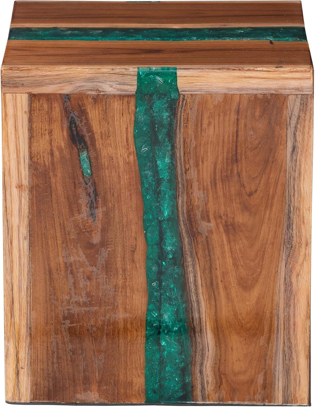 Bali & pari ANAN Teak Wood Epoxy Resin End Table - Live Edge Cube Side Table, Handcrafted Modern Rustic Accent Table for Living Room or Bedroom, Cube