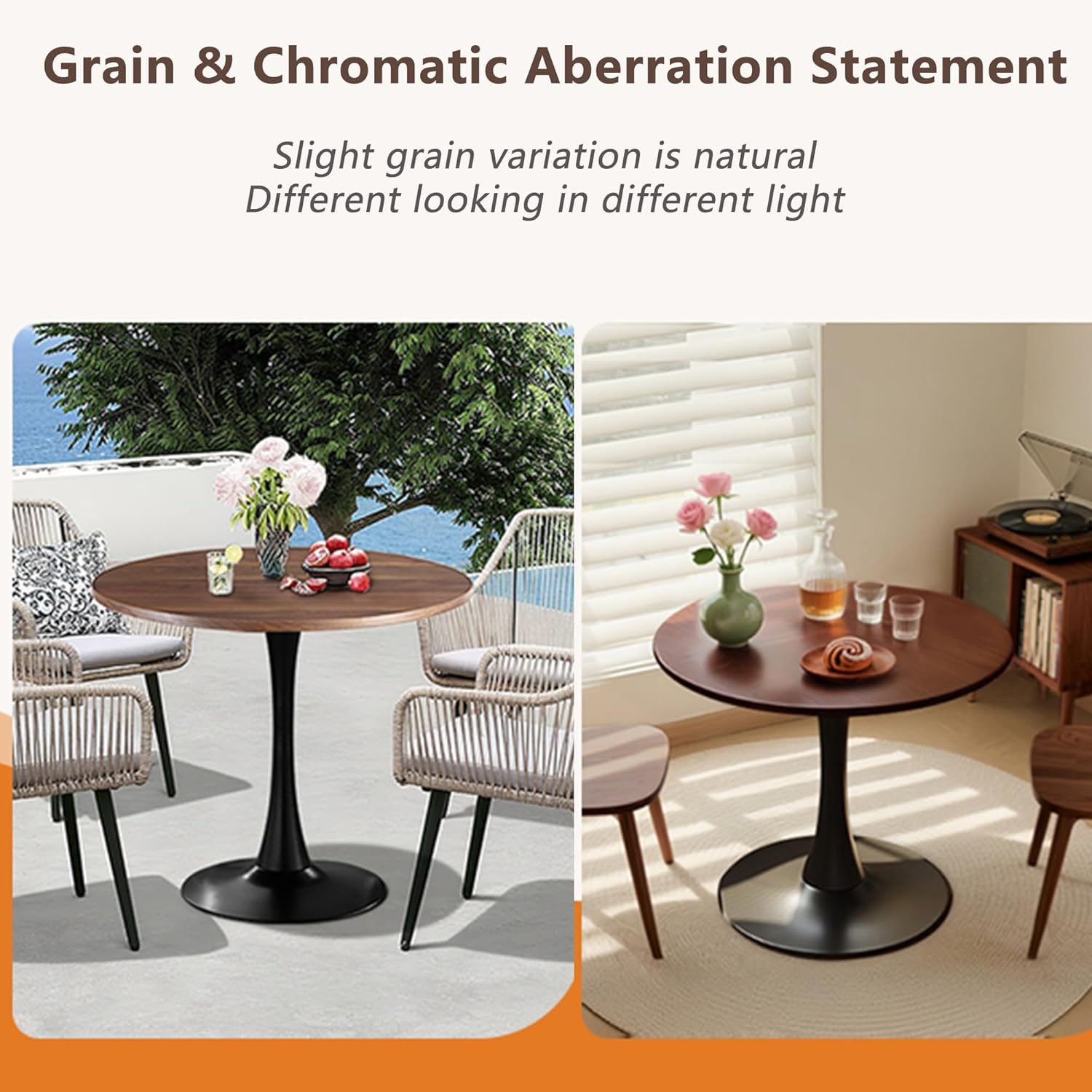 24" Tulip Table for 1-2 Persons Modern Round Dining Room Table, Mid-Century Modern Walnut Small Kitchen Table with MDF Wooden Top, Leisure Coffee Table for Living Room, Dining Room, Office