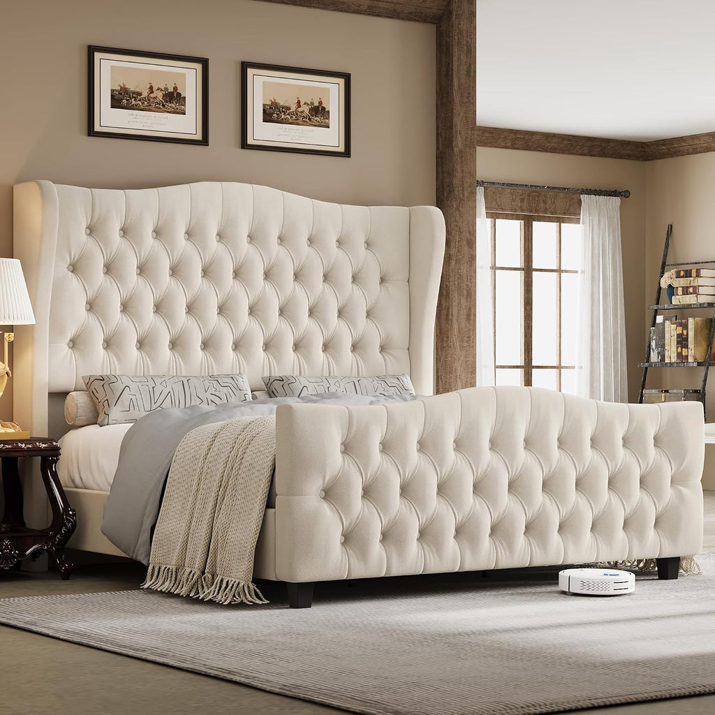 Keyluv Queen Size 54.3" Tall Bed Frame with Wingback Headboard & Footboard