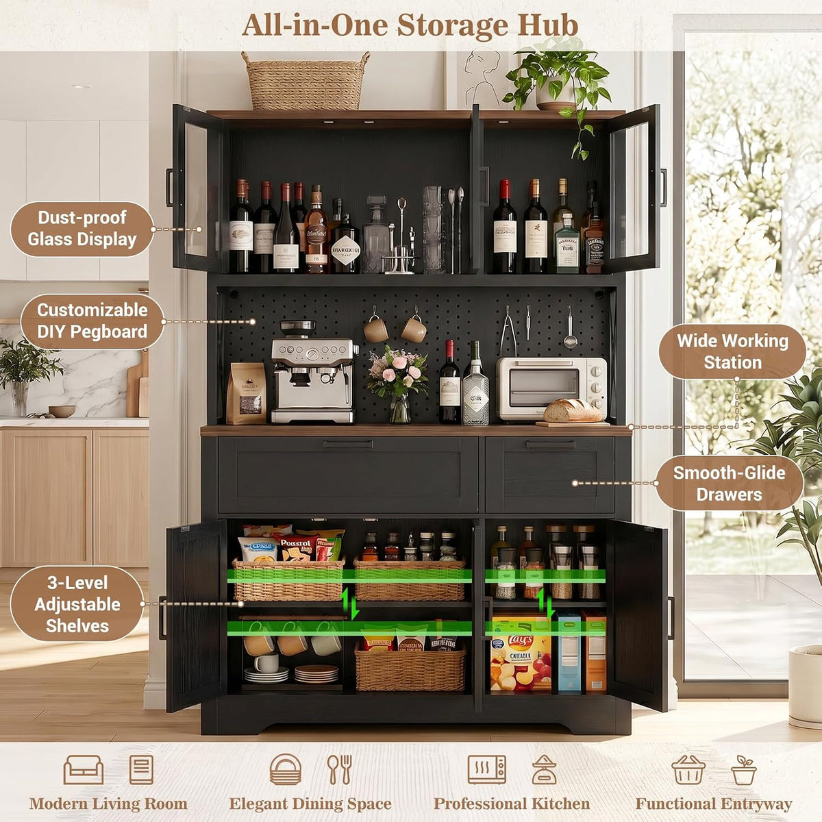 Unikito 71" Tall Pantry Cabinet with Charging Station & LED Lights, Black | Kitchen Pantry Storage Cabinet,Farmhouse Freestanding Microwave Stand Coffee Bar Hutch, Drawers, DIY Pegboard, Dining Room