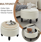 24 Inch Fabric Round Ottoman with Storage, Modern Upholstered Button Tufted Ottoman Coffee Table with Tray Lid, Circle Footstool with Storage for Living Room, Bedroom, White