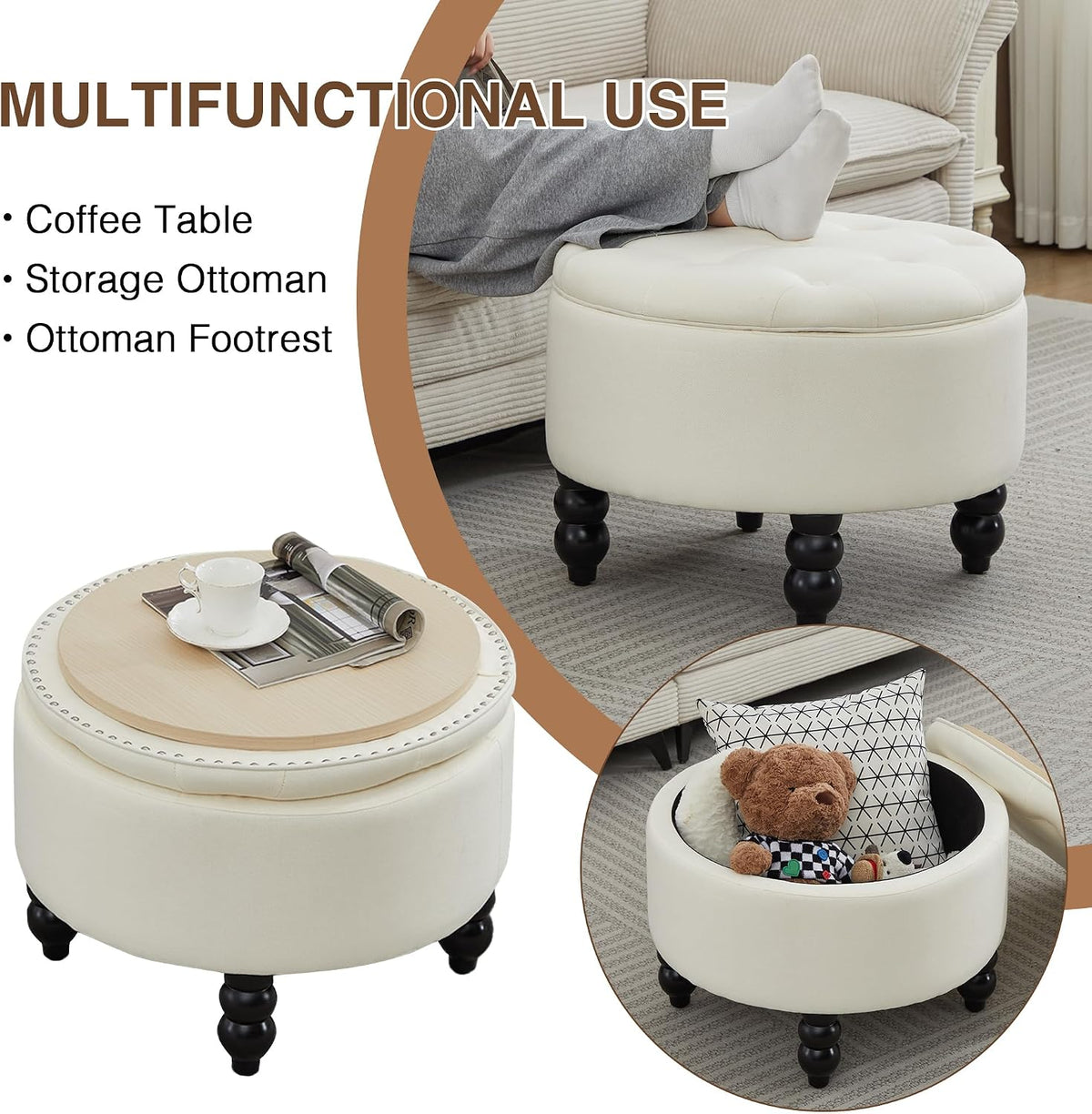 24 Inch Fabric Round Ottoman with Storage, Modern Upholstered Button Tufted Ottoman Coffee Table with Tray Lid, Circle Footstool with Storage for Living Room, Bedroom, White