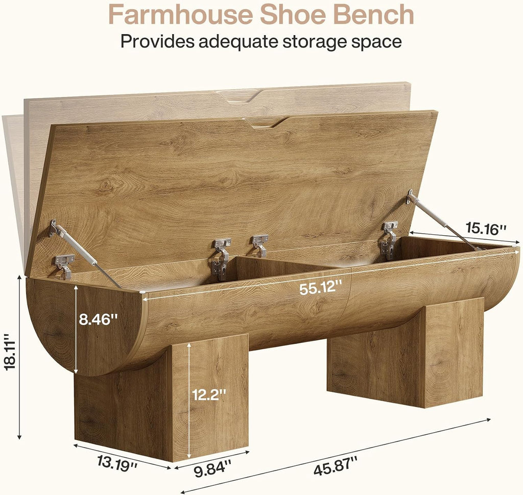 Tribesigns 55" Storage Bench with 2 Safety Hinges, Farmhouse Shoe Bench with Flip-Top Storage, Supports 350 lb and Easy Assembly (Natural)