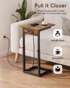 Vagusicc C Shaped End Table with Charging Station, 33"Tall Side Table for Couch, C-Table End Table Adjustable Height Side Table,Slide Under Couch Table TV Tray Table for Sofa,Living Room,Bedroom,Brown