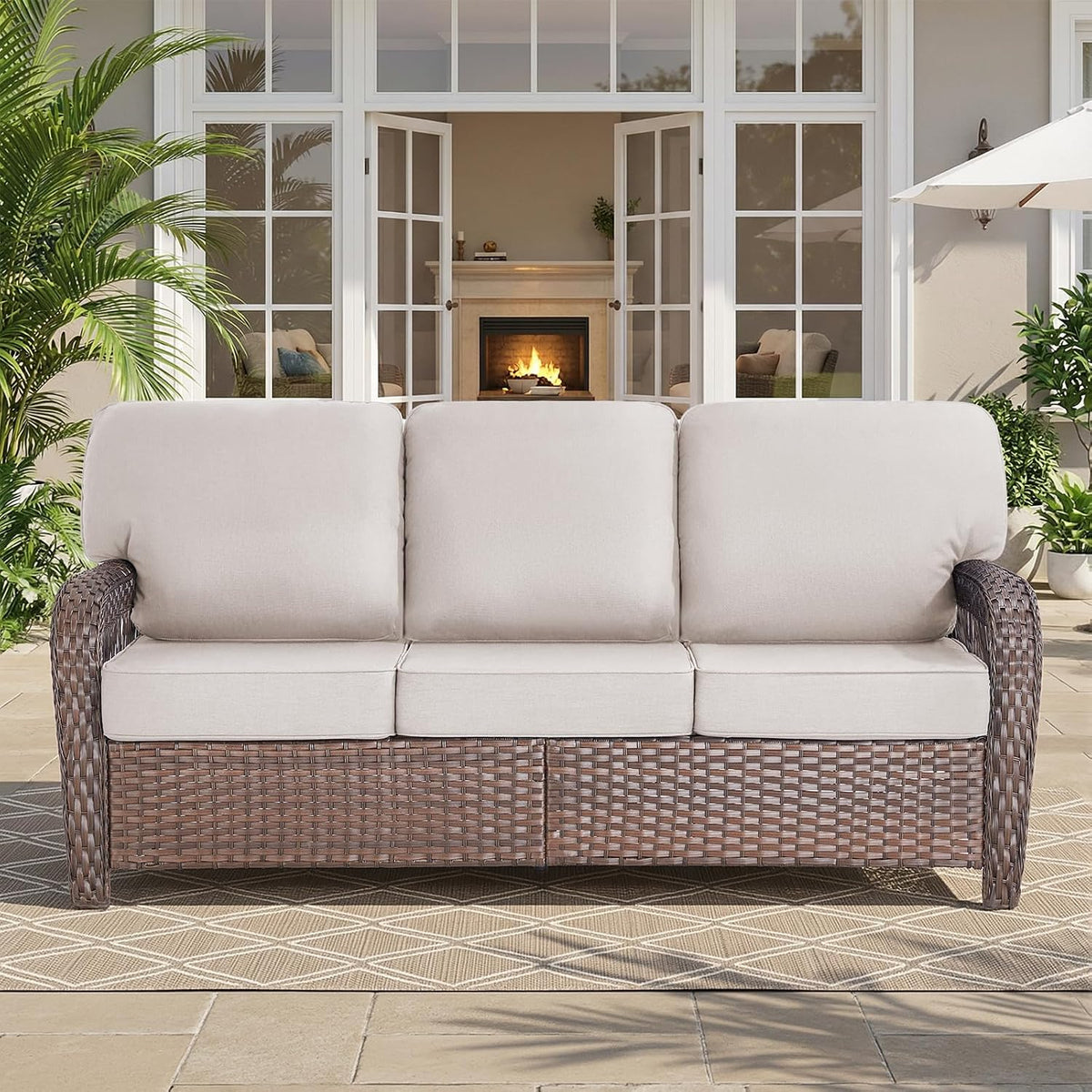 Belord Luxury Outdoor High Back Couch, All-Weather Wicker 3-Seater Sofa, Wicker Patio Furniture for Deck Porch Garden,Beige