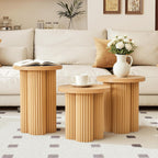 Nesting Coffee Table Set of 3, Fluted Round Nesting Tables Mid Century Modern Coffee Table Boho Wooden Accent End Table Set for Living Room Home Office Small Space