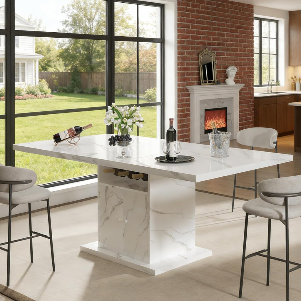 Extendable Dining Table for 4-6, 47-63in Expandable Kitchen Rectangle Dining Table with Removable Leaves, Modern Faux Marble Kitchen Table with Storage for Kitchen Living Room, White Faux Marble