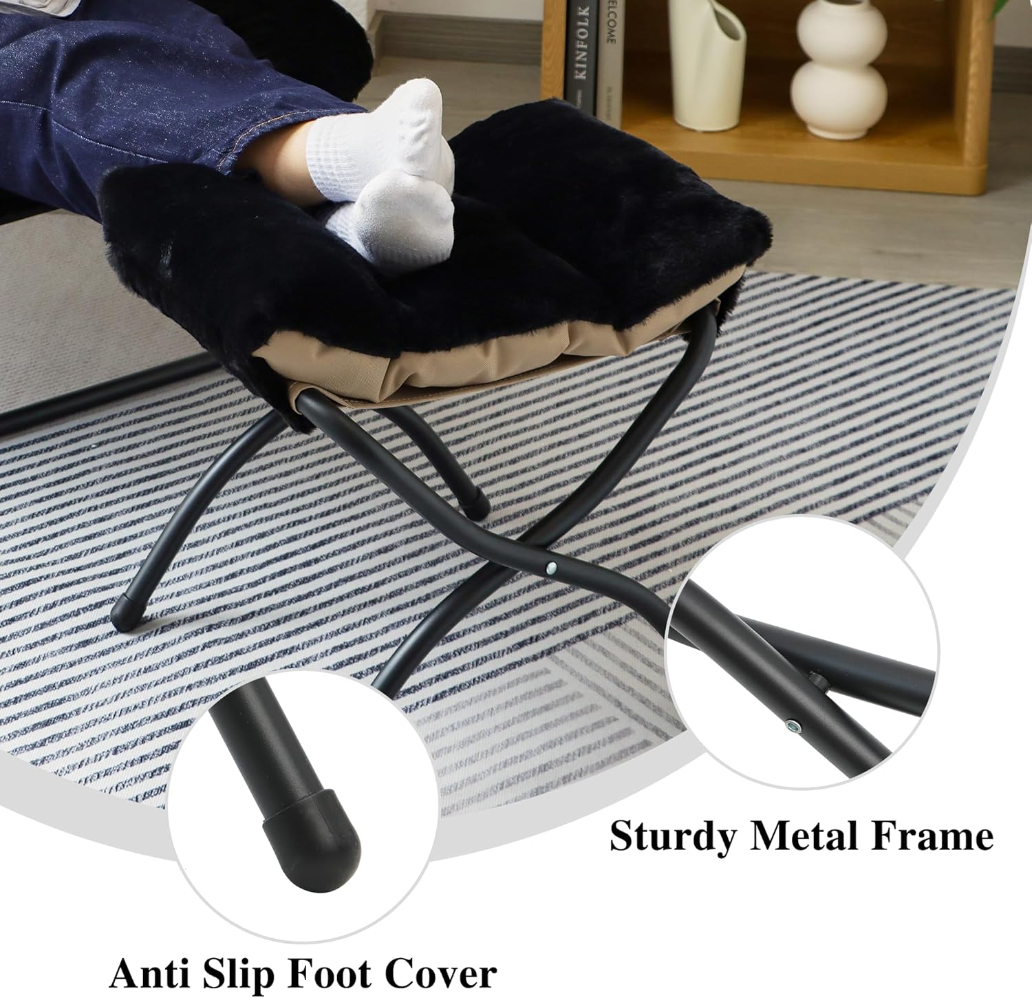 15"(H) Folding Ottoman, Foldable Footrest Stool, Portable Small Foot Stool for Couch, Collapsible Foot Rest Ottoman for Sofa, Accent Padded Ottomans for Living Room, Bedroom, Black