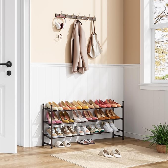 Tajsoon 3 Tier Expandable Shoe Rack for Closet, 28“-41“Adjustable & Stackable Shoe Shelf Storage, Metal Shoe Rack Organizer for Front Door Entrance, Closet, Garage, Entryway, Bronze