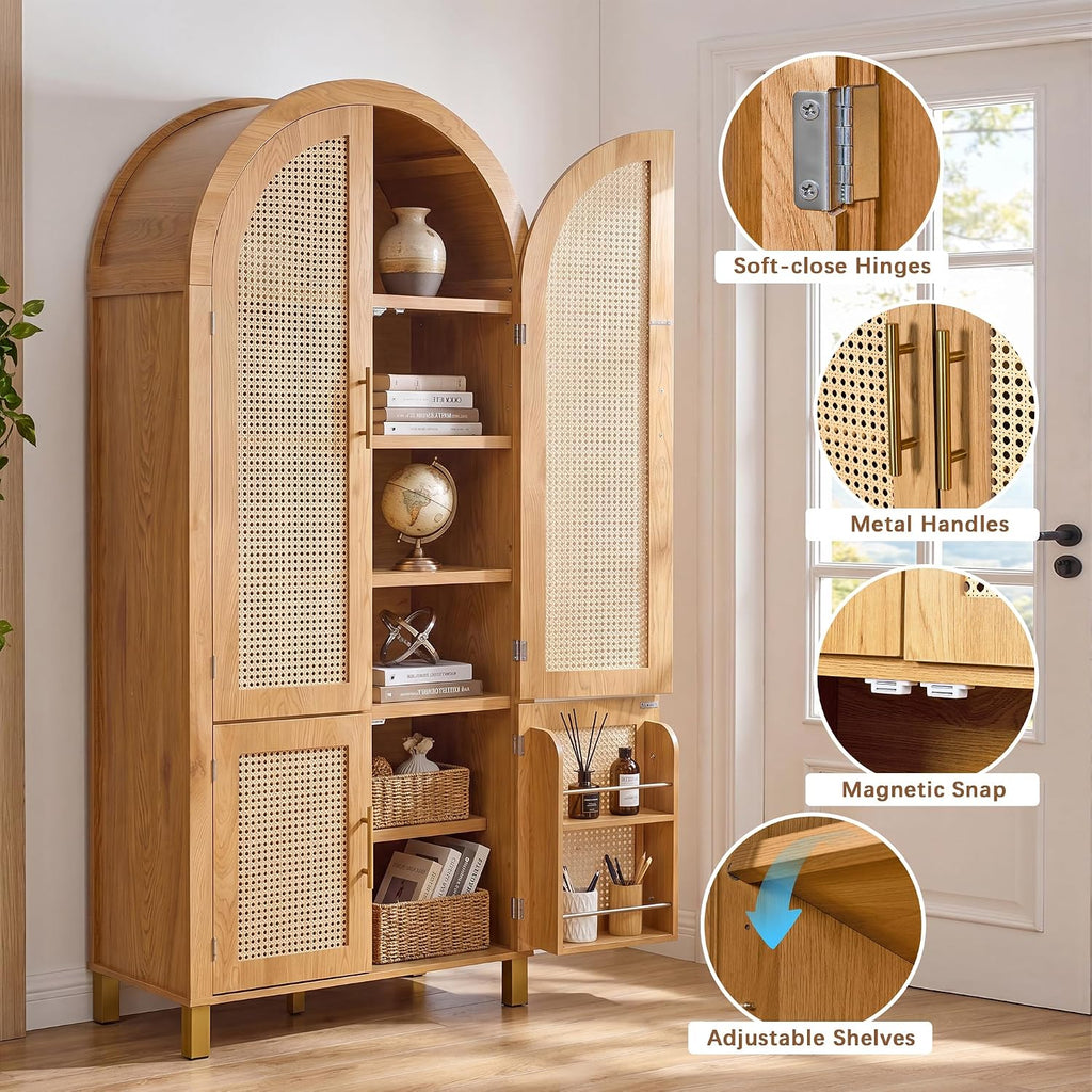 Merax 71'' Tall Farmhouse Rattan Arched Storage Cabinet | Boho Style Pantry Cabinet, Open Countertop, Rattan Doors & Adjustable Shelves, Arched Cabinet for Kitchen Dining Room