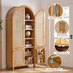 Merax 71'' Tall Farmhouse Rattan Arched Storage Cabinet | Boho Style Pantry Cabinet, Open Countertop, Rattan Doors & Adjustable Shelves, Arched Cabinet for Kitchen Dining Room