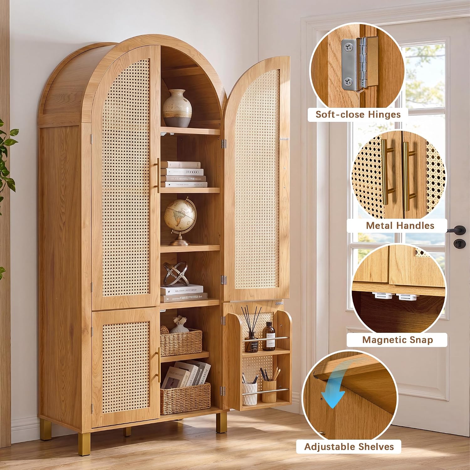 Merax 71'' Tall Farmhouse Rattan Arched Storage Cabinet | Boho Style Pantry Cabinet, Open Countertop, Rattan Doors & Adjustable Shelves, Arched Cabinet for Kitchen Dining Room