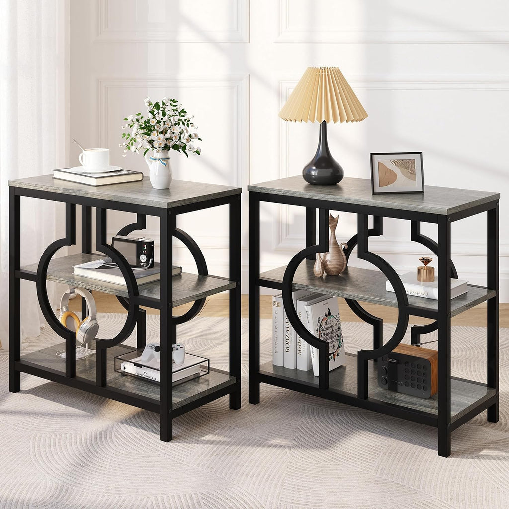End Table Set of 2, Narrow Side Table with 3-Tier Storage Shelves, Wood Sofa Side Table with Geometric Metal Frame for Living Room, Industrial Bedside Nightstand for Bedroom (Gray)