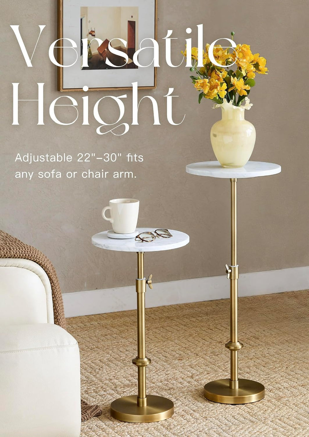 Adjustable 12" White Marble Drink Table with 2 Coasters, Antique Brass⁠ | Adjustable 12" round martini end table & pedestal side table. White marble and antique brass finish.⁠