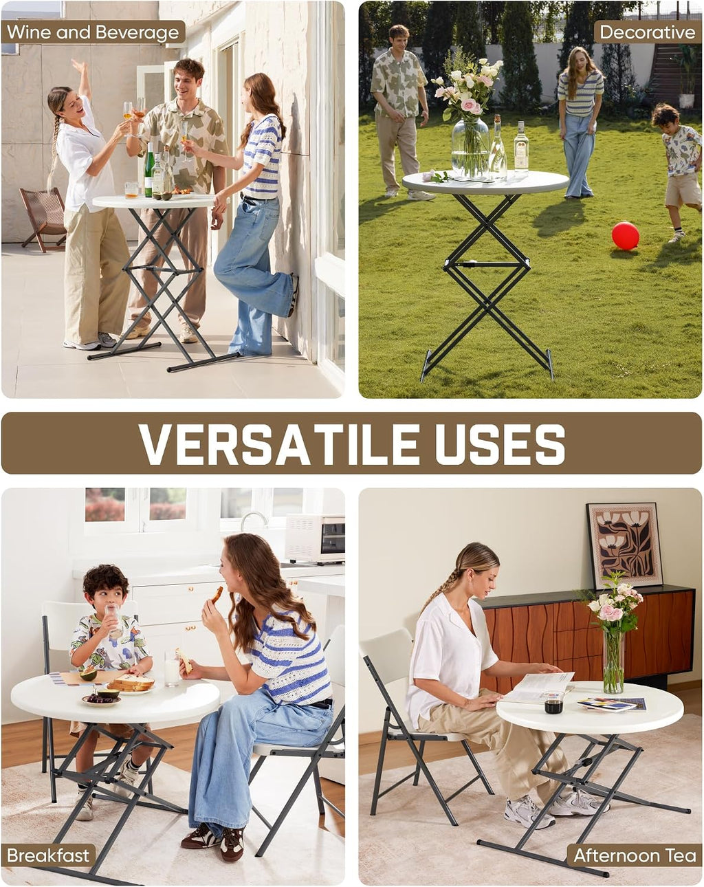 FanttikOutdoor Folding Table Round 32" Quick Adjust 4 Heights Party, Patio | One-Handed Adjustable Tall Bistro Foldable Bar Height Table, Cocktail, Backyard, Dining, Wedding, White Zeta O3 Pro