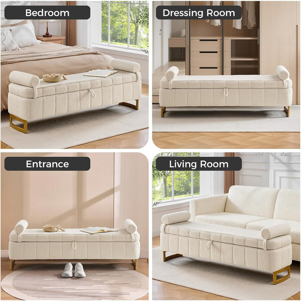 Storage Bench, 63" Ottoman with Storage for Foot of Bed King Size, Modern Upholstered End of Bed Bench with Gold Metal Legs for Bedroom Entryway Hallway, Teddy Beige
