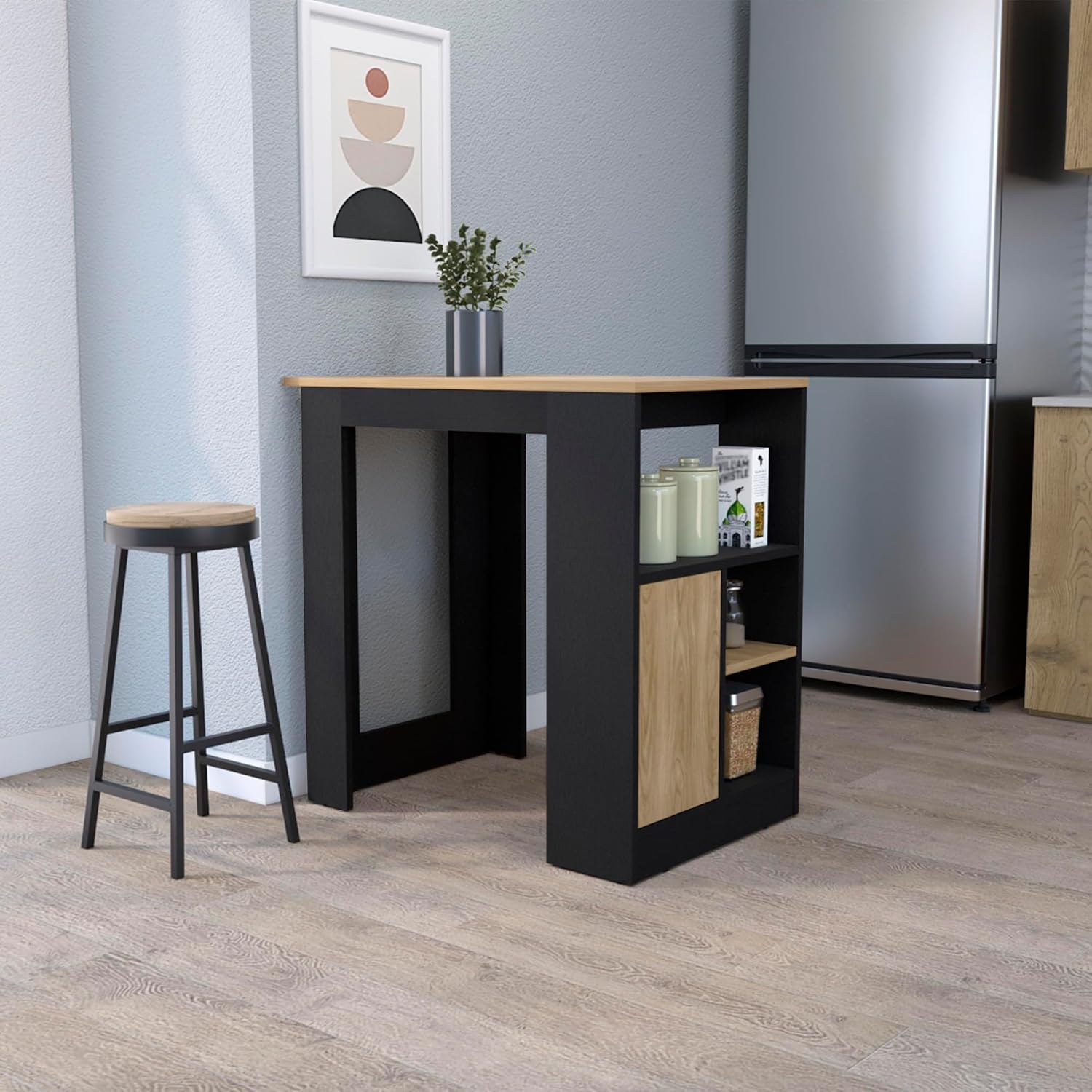 Kitchen Island with Door and Open Storage, Black/Natural Oak | Melamine kitchen island with door and open storage for organized kitchen access