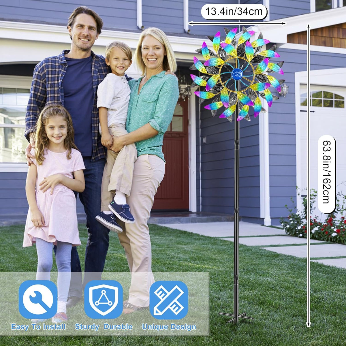 Metal Outdoor Wind Spinner, 2-Way Wind Sculpture Spinner with Metal Stake, Waterproof 360 Degrees Kinetic Windmill Art Decoration for Patio Garden Lawn (A- Colorful)