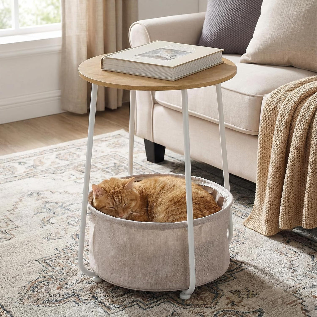 Modern Round Side End Table with Fabric Storage Basket, Matte White and Camel Brown, Contemporary Nightstand (Burlywood)