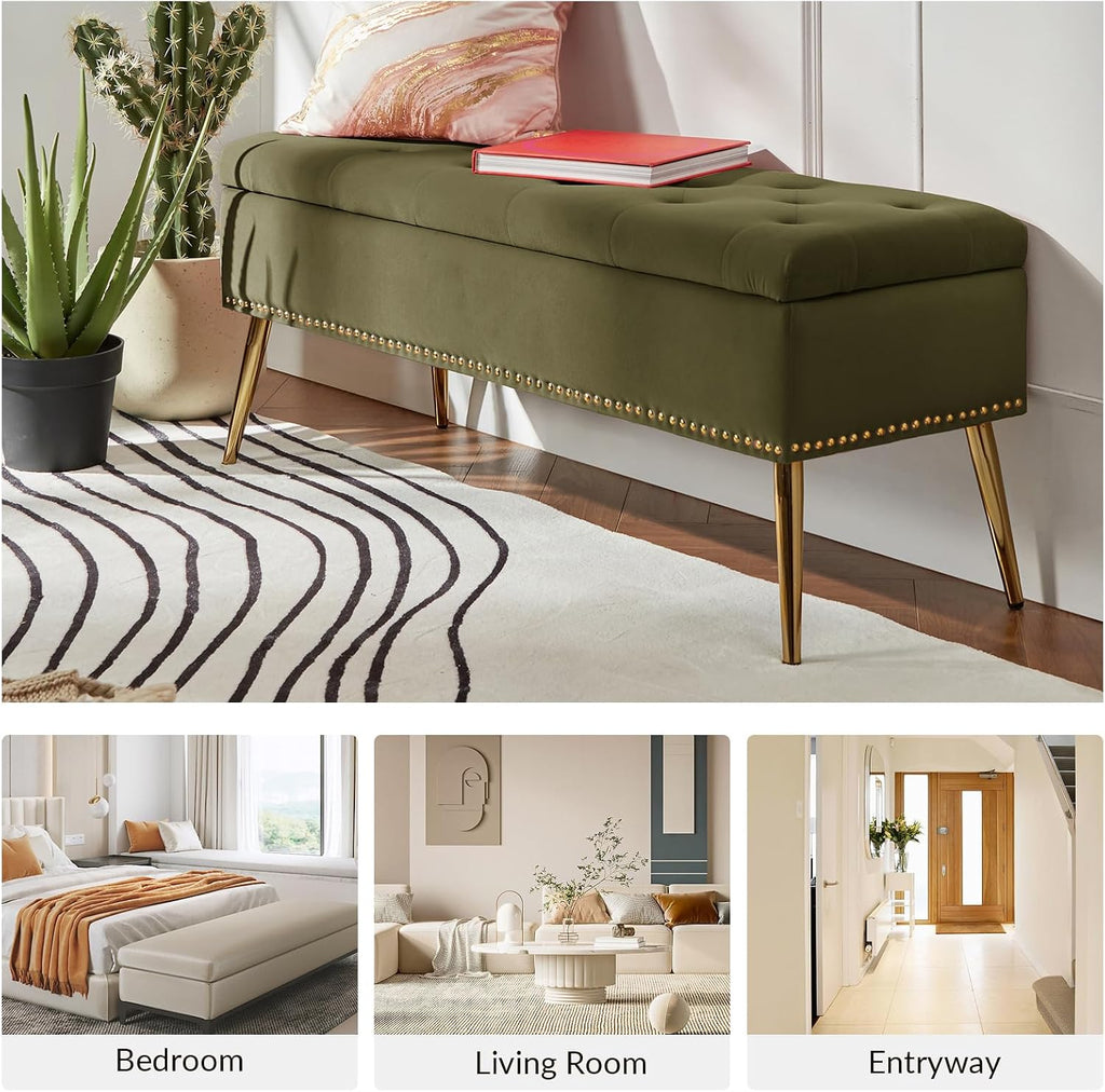 HULALA HOME Modern Velvet Storage Ottoman Bench with Gold Base & Nailhead Trim, Upholstered Bedroom Bench for End of Bed, Button-Tufted Footstool for Entryway Living Room Dining Room, Moss