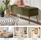 HULALA HOME Modern Velvet Storage Ottoman Bench with Gold Base & Nailhead Trim, Upholstered Bedroom Bench for End of Bed, Button-Tufted Footstool for Entryway Living Room Dining Room, Moss