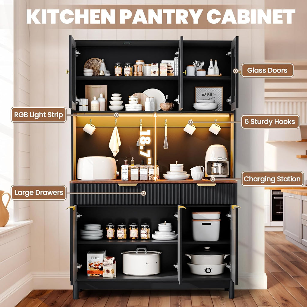 71'' Fluted Kitchen Pantry Cabinet with Power Outlet & LED Light, Food Kitchen Hutch with Countertop, Wood Pantry Storage Cabinet with a Drawer & Shelves for Living Room, Dining Room, Black