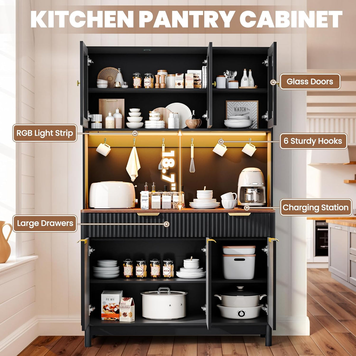 71'' Fluted Kitchen Pantry Cabinet with Power Outlet & LED Light, Food Kitchen Hutch with Countertop, Wood Pantry Storage Cabinet with a Drawer & Shelves for Living Room, Dining Room, Black