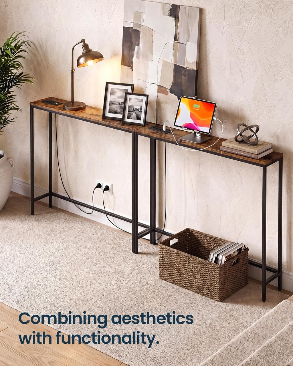 SONGMICS HOME Narrow Console Tables with Integrated Tabletops, Behind Couch Table with Power Outlets, for Entryway, Living Room, 78.9 Inches, Rustic Brown