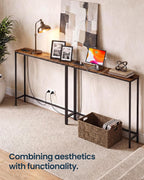 SONGMICS HOME Narrow Console Tables with Integrated Tabletops, Behind Couch Table with Power Outlets, for Entryway, Living Room, 78.9 Inches, Rustic Brown