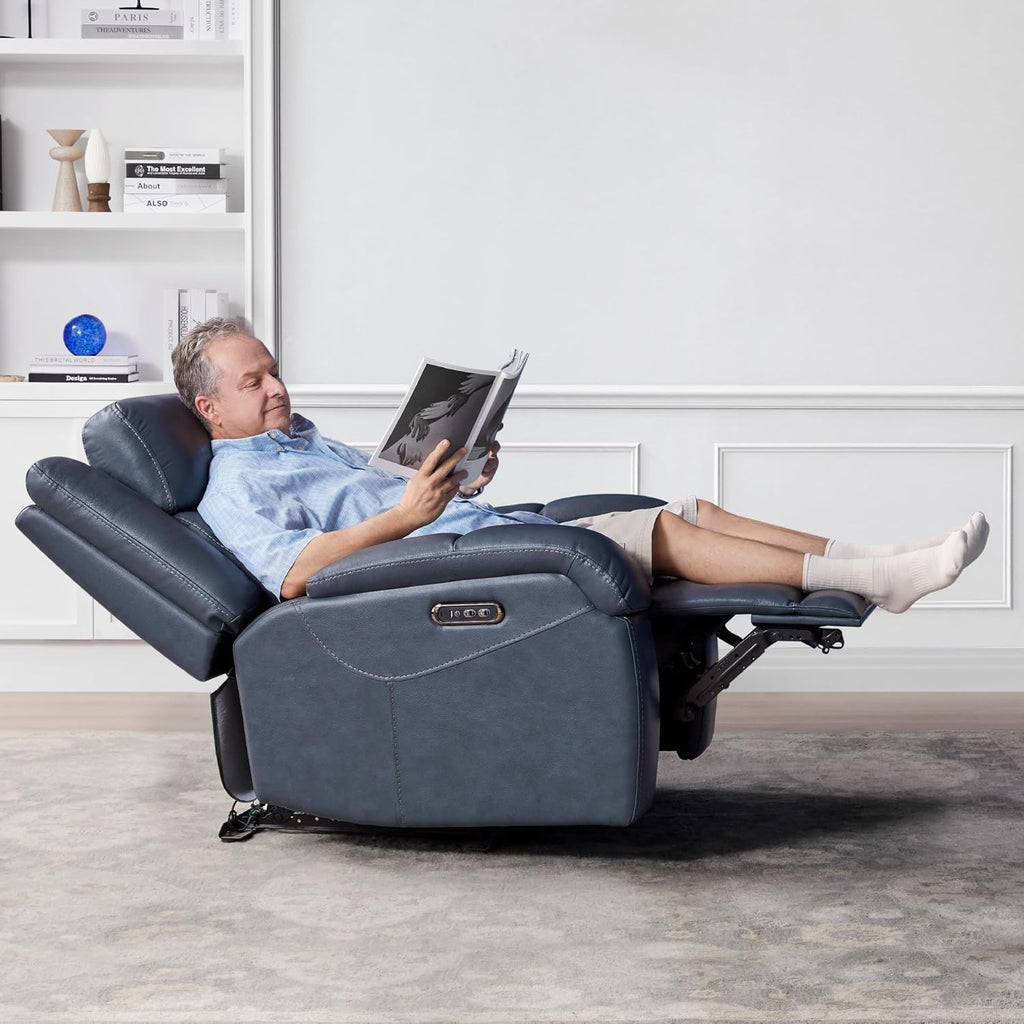 Watson & Whitely Oversized Genuine Leather Power Recliner Chairs for Big and Tall, Wall Hugger Recliner with Power Headrest & Charging Ports, Extra Large Reclining Chair for Living Room, Navy Blue