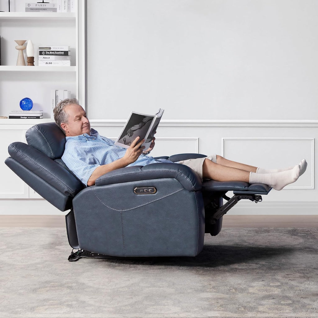 Watson & Whitely Genuine Leather Wall Hugger Power Recliner, Navy Blue