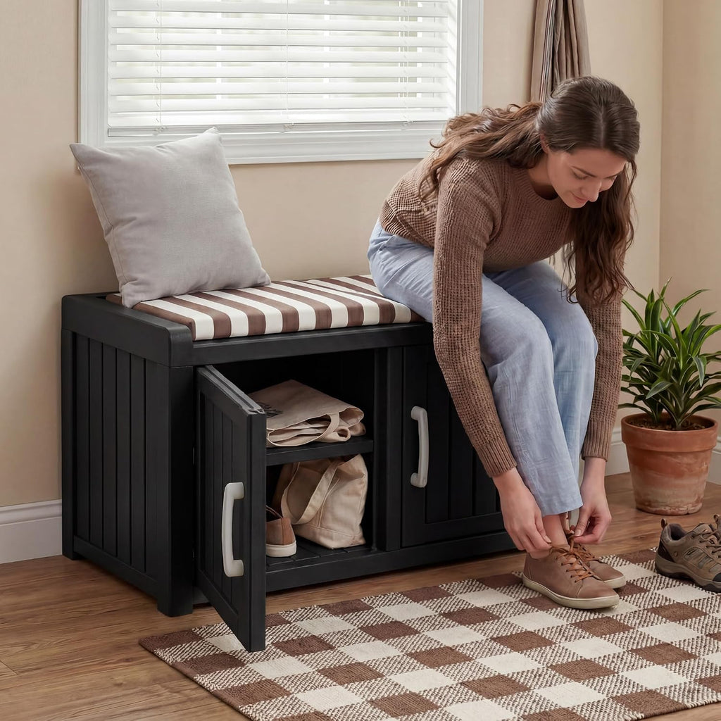 2-Tier Storage Bench, Waterproof UV-Resistant Outdoor Shoe Storage Cabinet ，Outdoor Shoe Rack with 2 Doors & Adjustable Shelves for Indoor Outdoor Entryway, Hallway, Living Room (Black)